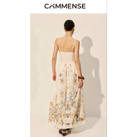 NWT COMMENSE Beige Floral Print Square Neck Maxi Dress S - Picture 3 of 6